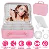 Travel Makeup Bag With 3 Light Colors Dimmable Brightness LED Mirror Detachable 10X Magnifying Mirror Adjustable Dividers Portable Waterproof Cosmetic