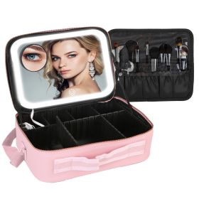 Travel Makeup Bag with LED Mirror Makeup Case Organizer with 3 Light Colors Adjustable Dividers Brush Holder Magnifying Mirror Shoulder Strap Luggage (Option: MakeupBagLPink)