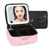 Travel Makeup Bag with LED Mirror Makeup Case Organizer with 3 Light Colors Adjustable Dividers Brush Holder Magnifying Mirror Dimmable USB Rechargeab