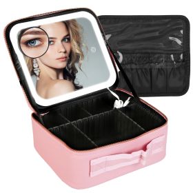 Travel Makeup Bag with LED Mirror Makeup Case Organizer with 3 Light Colors Adjustable Dividers Brush Holder Magnifying Mirror Dimmable USB Rechargeab (Option: MakeupBagSPink)