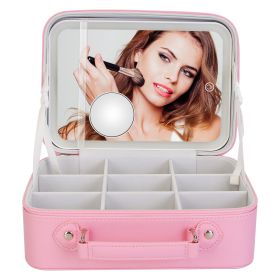 Travel Makeup Bag With 3 Light Colors Dimmable Brightness LED Mirror Detachable 10X Magnifying Mirror Adjustable Dividers Portable Waterproof Cosmetic (Option: MakeupBagPink)