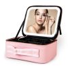 Travel Makeup Bag with LED Mirror Makeup Case Organizer with 3 Light Colors Adjustable Dividers Brush Holder Magnifying Mirror Dimmable USB Rechargeab