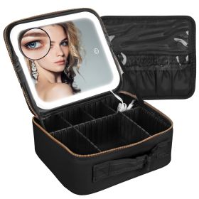 Travel Makeup Bag with LED Mirror Makeup Case Organizer with 3 Light Colors Adjustable Dividers Brush Holder Magnifying Mirror Dimmable USB Rechargeab (Option: MakeupBagSBlack)