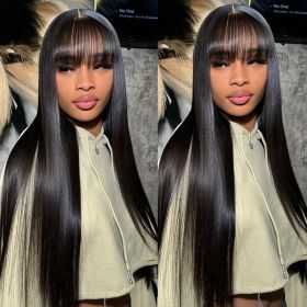 Straight Human Hair Wigs With Bangs Full Machine Made Wig Cheap Brazilian Hair Wigs Short Bob Wigs 3x1 HD Lace Wigs (Density: 150 density, Stretched Length: 14inches)