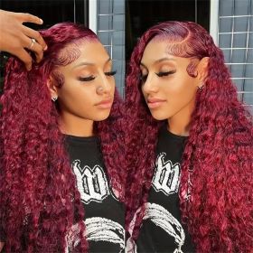 Burgundy 13x6 Hd Lace Frontal Human Hair Wig 13x4 Curly Wigs Remy Pre Plucked Wigs For Women Brazilian Deep Wave Frontal Wig (Hair Color, Density: 13x4 Frontal Wig, 150%, Stretched Length: 8inches)