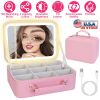 Travel Makeup Bag With 3 Light Colors Dimmable Brightness LED Mirror Detachable 10X Magnifying Mirror Adjustable Dividers Portable Waterproof Cosmetic