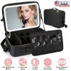 Travel Makeup Bag with LED Mirror Makeup Case Organizer with 3 Light Colors Adjustable Dividers Brush Holder Magnifying Mirror Shoulder Strap Luggage